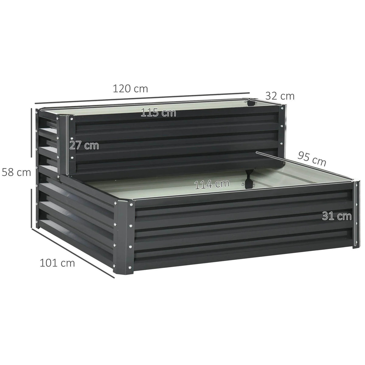 Dark gray two-tier raised garden bed planter box, front and side view of metal slat panels