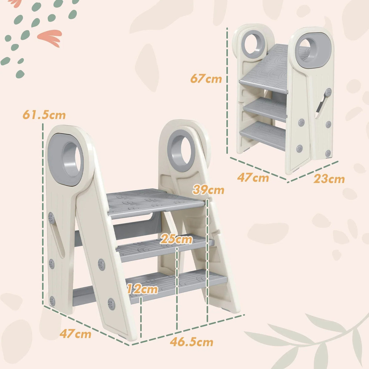 Foldable toddler step stool with light gray platform steps and white frame, with size callouts.