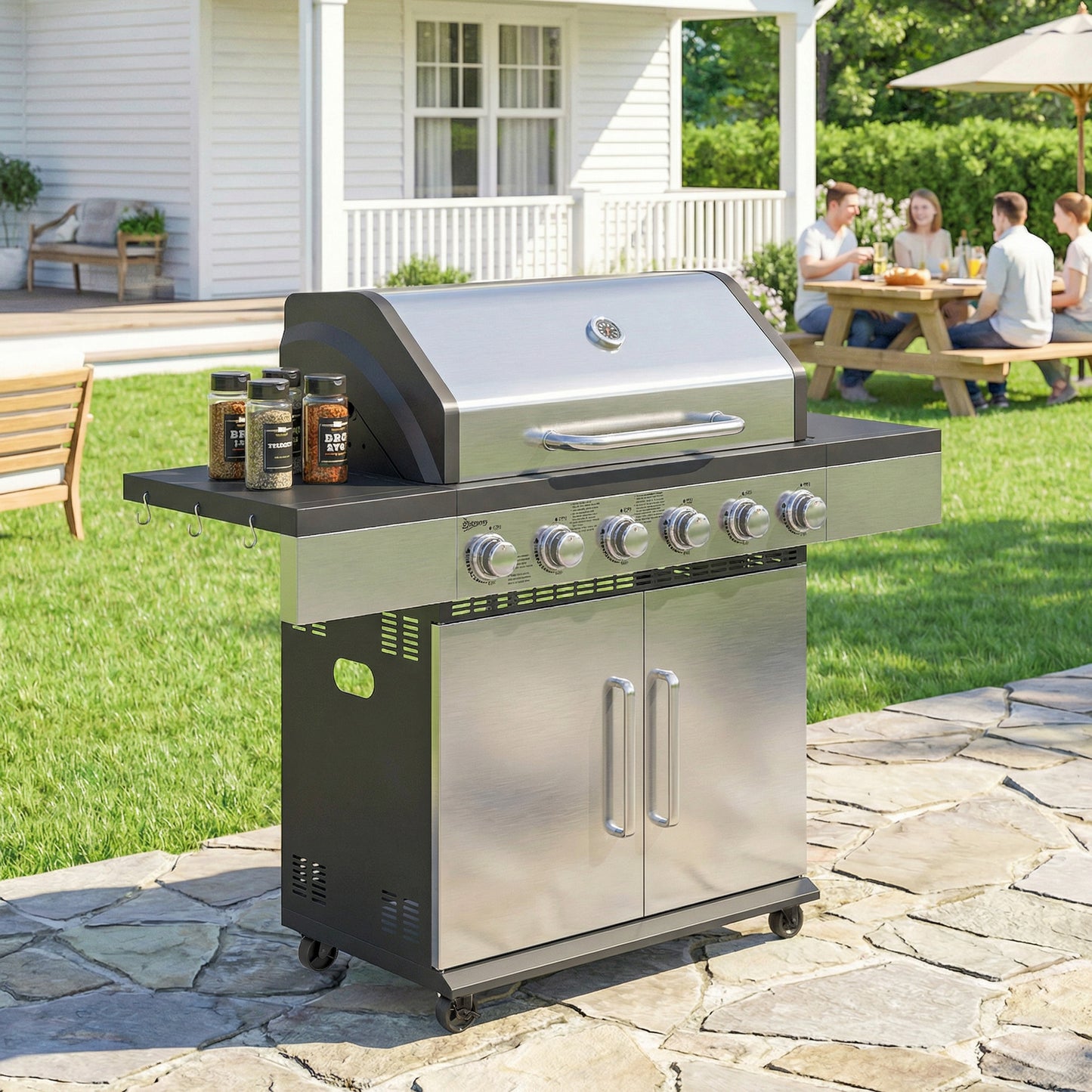 Outsunny 6 Burner Liquid Propane Gas Grill With Warming Rack Side Tables And Cabinet Outdoor Barbecue