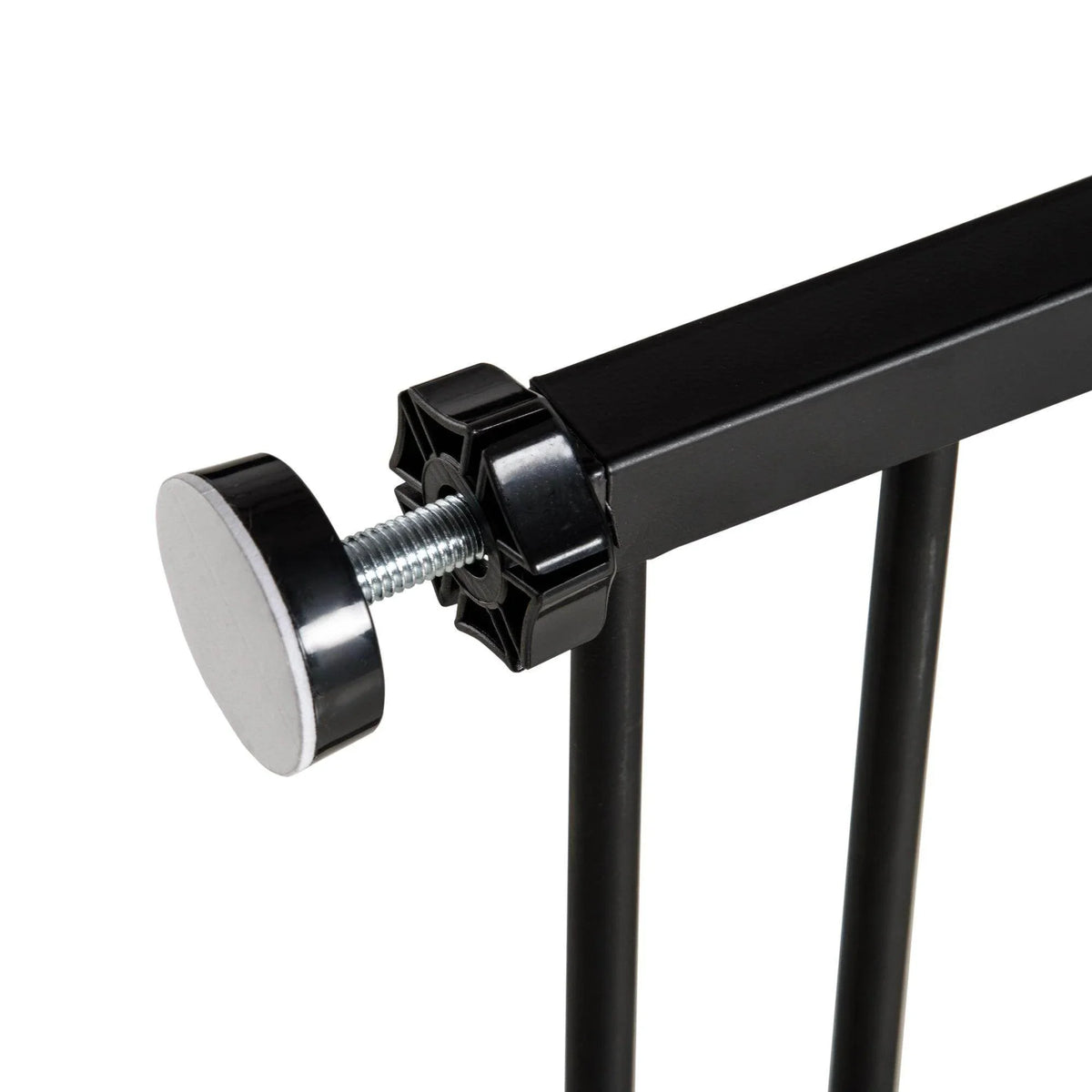 Black dog gate end cap with threaded screw adjuster for mounting