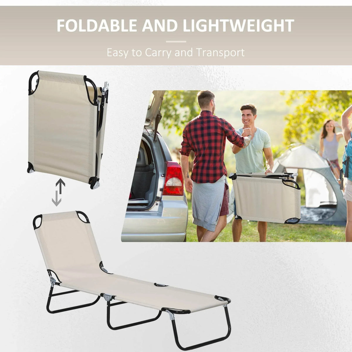 Foldable cream sun lounger with black frame, shown in carried/transported folded position