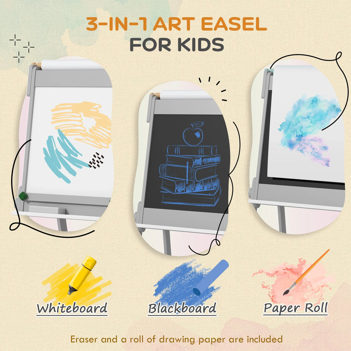 Kids art easel showing whiteboard, chalkboard, and paper roll panels, gray frame