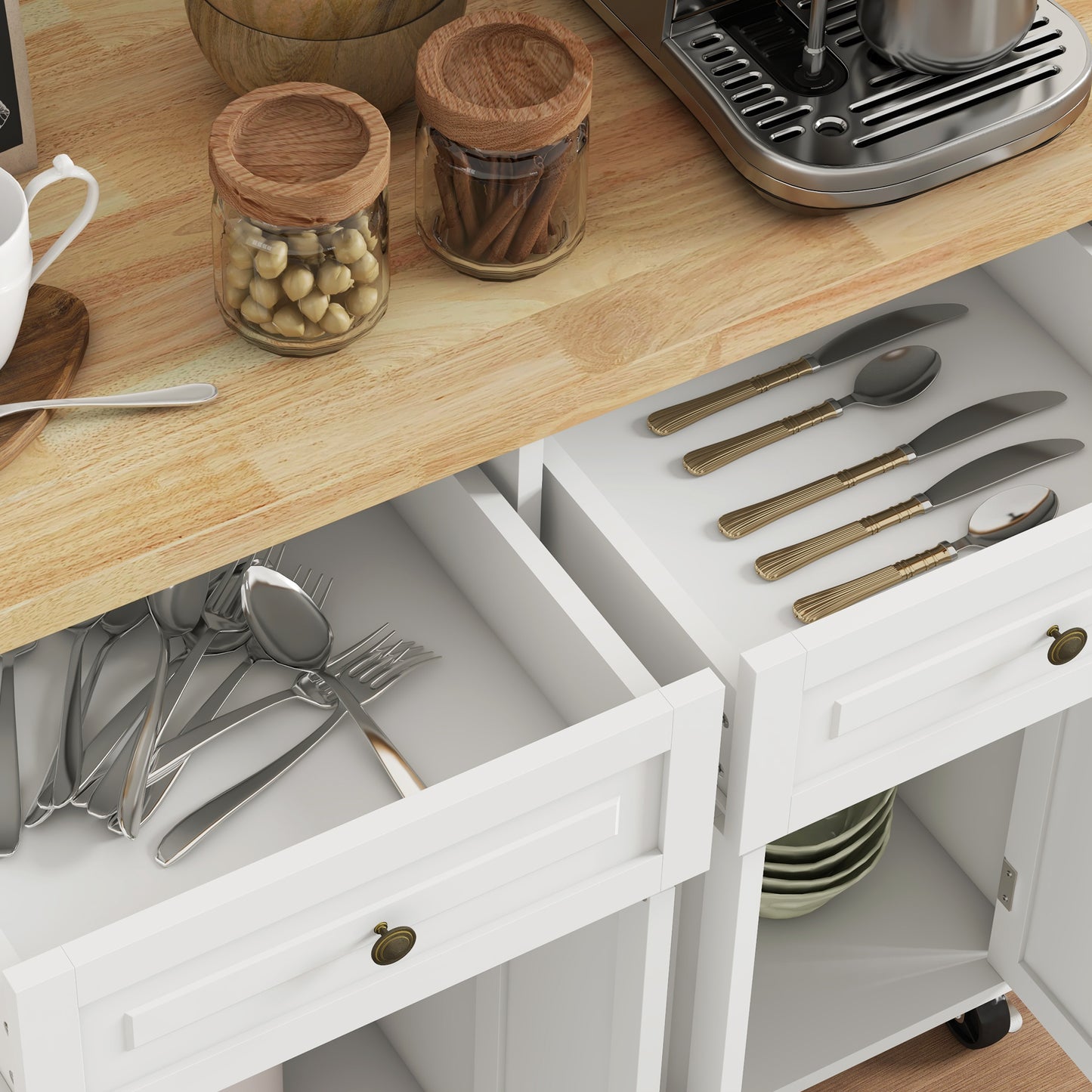 HOMCOM Rolling Kitchen Island Storage Trolley With Rubber Wood Top 2 Drawers 2 Cabinets Towel Bar Cream White