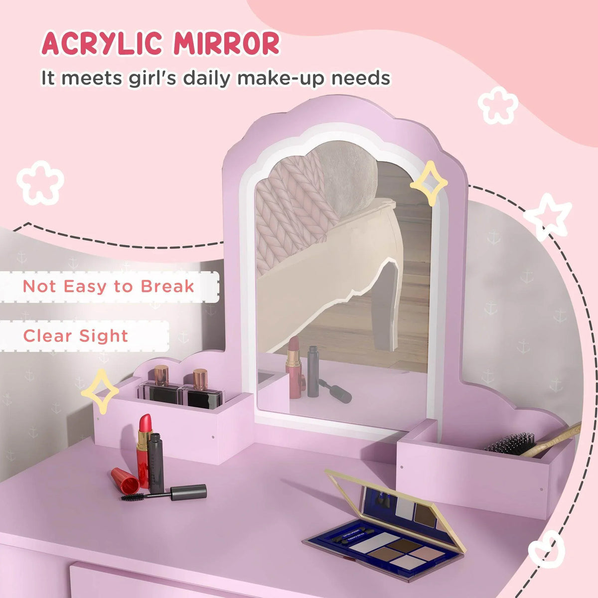 Pink kids vanity table with cloud-framed mirror, tabletop accessories, and storage compartments
