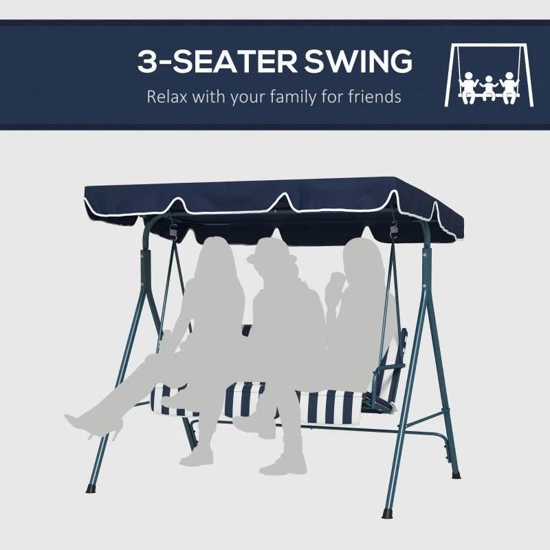 3-seat garden swing chair with blue-striped bench seat under dark adjustable canopy