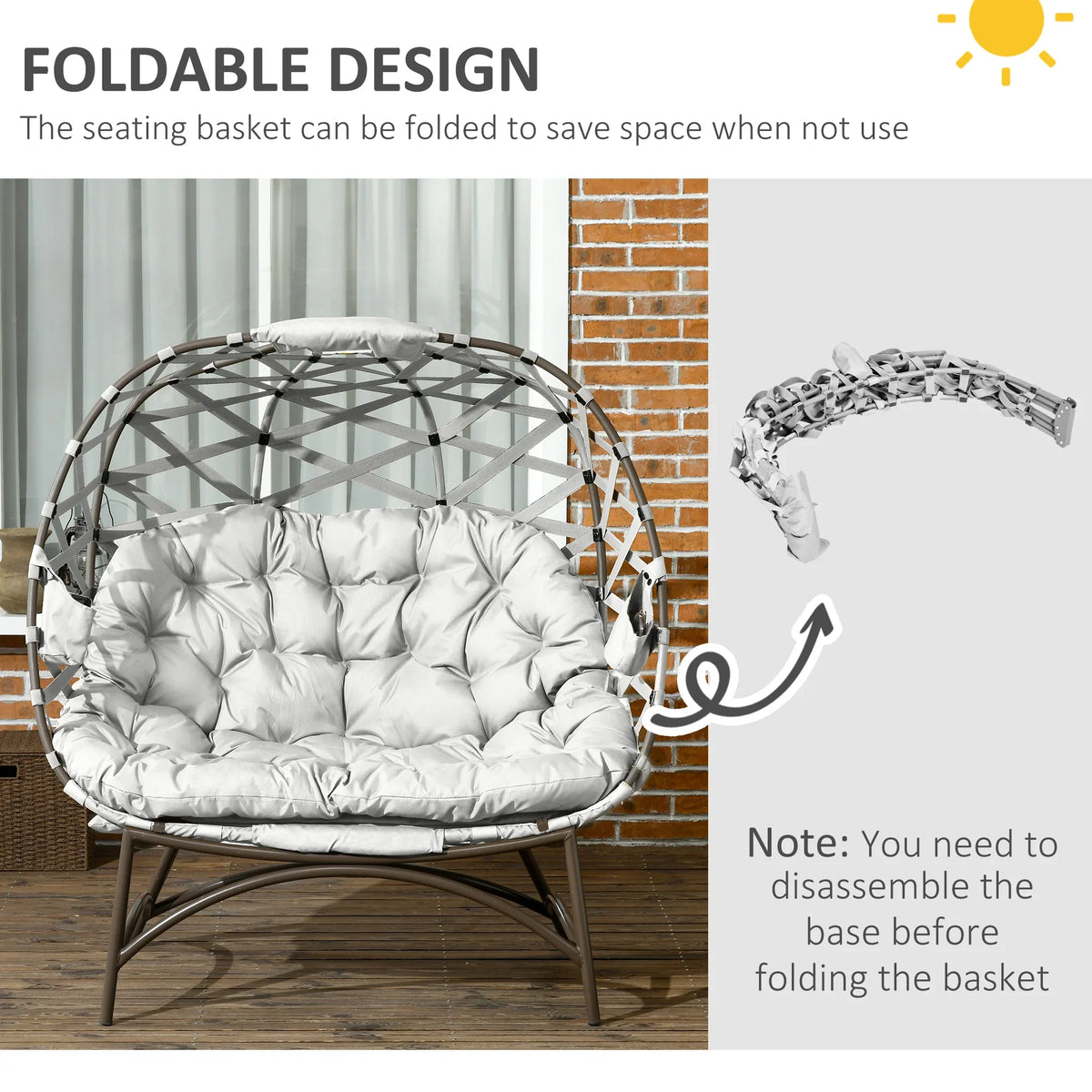 Light grey folding egg chair with tufted cushion and woven basket-style frame