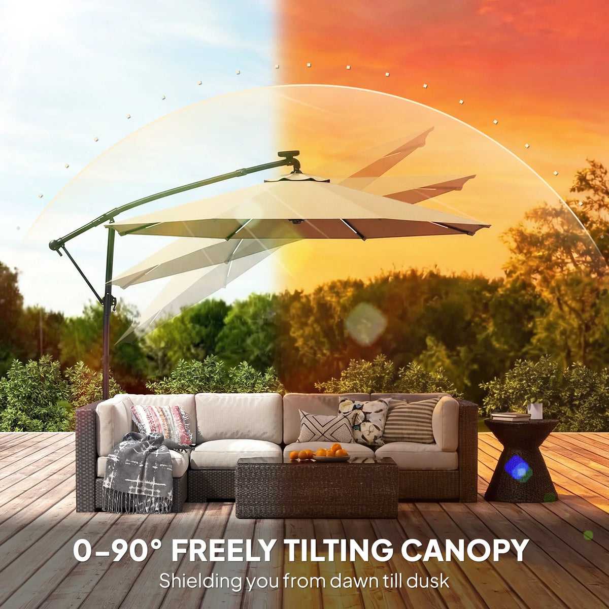 Khaki cantilever parasol with 90° tilting canopy over outdoor seating