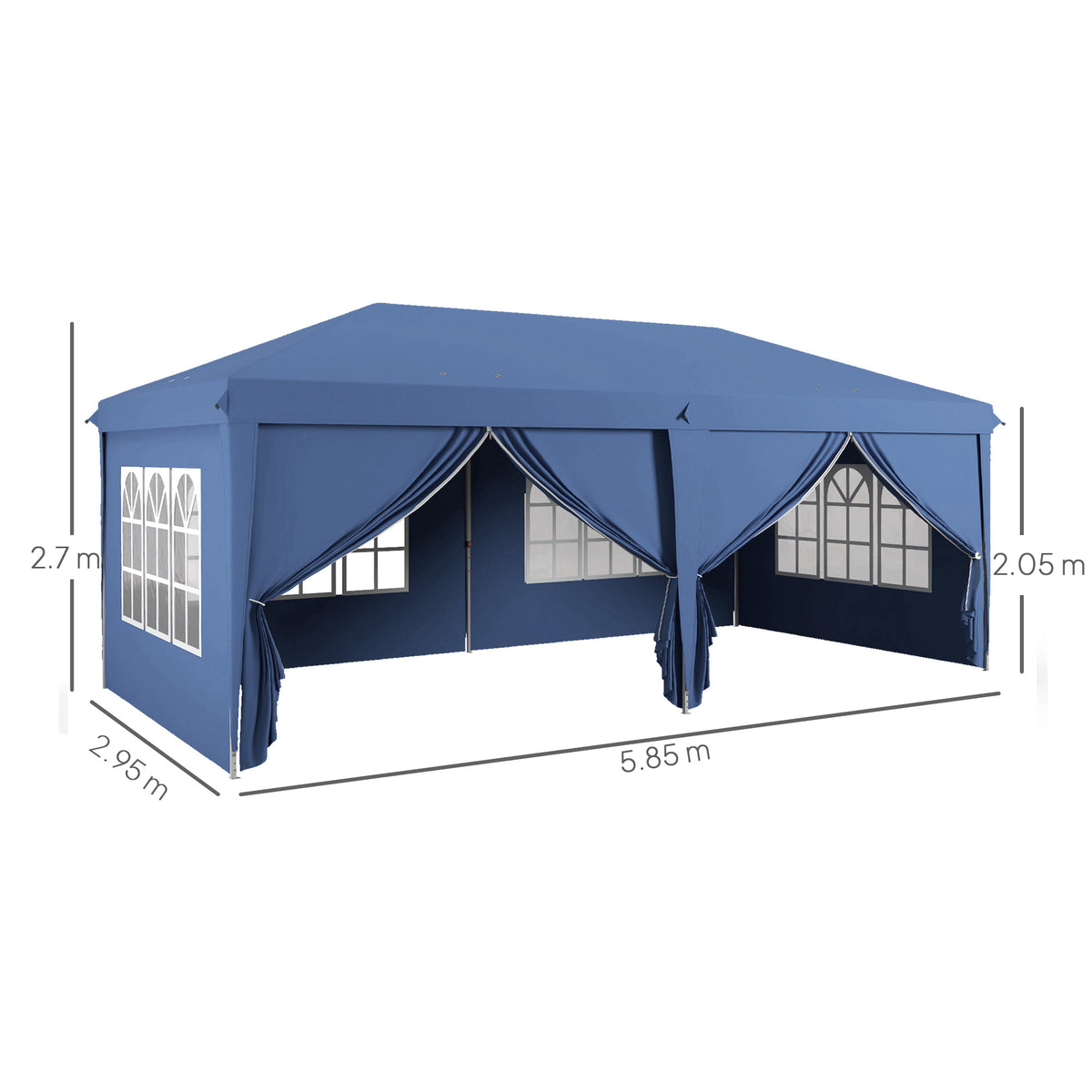 Blue pop-up gazebo with curtain walls and windows, front view with size markings