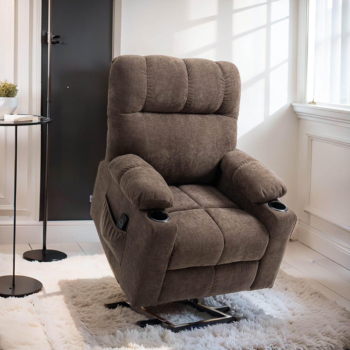 Dark brown power lift recliner chair with padded arms and backrest.