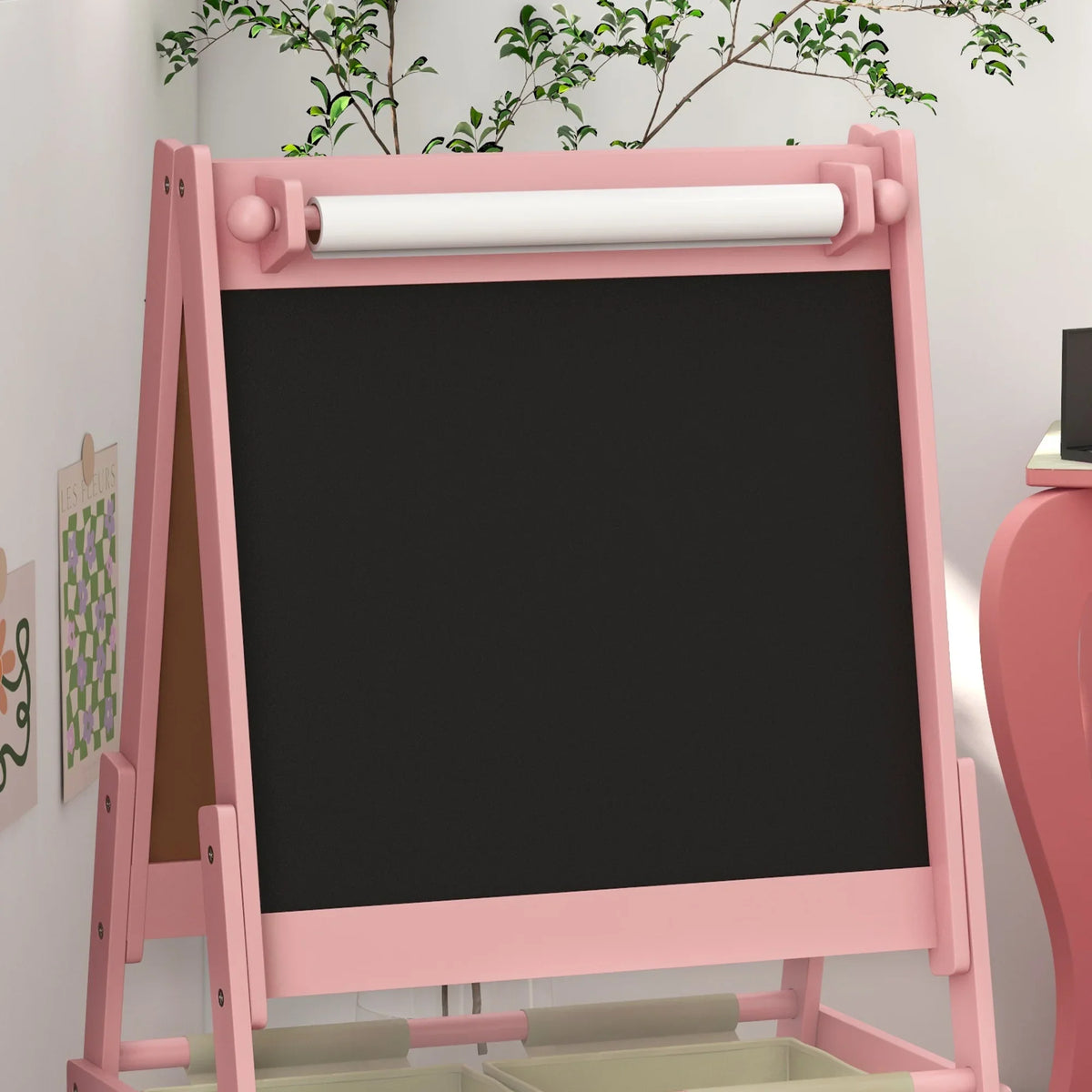 Pink kids art easel with large blackboard and top paper roll