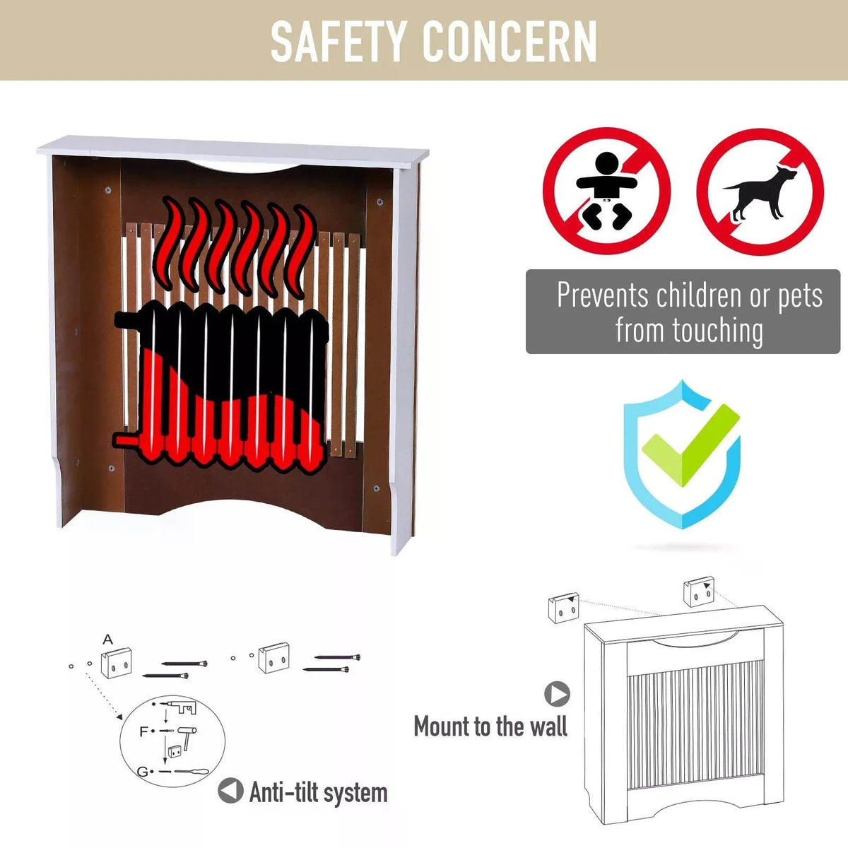 White radiator cover safety features graphic with child/pet touch prevention icons