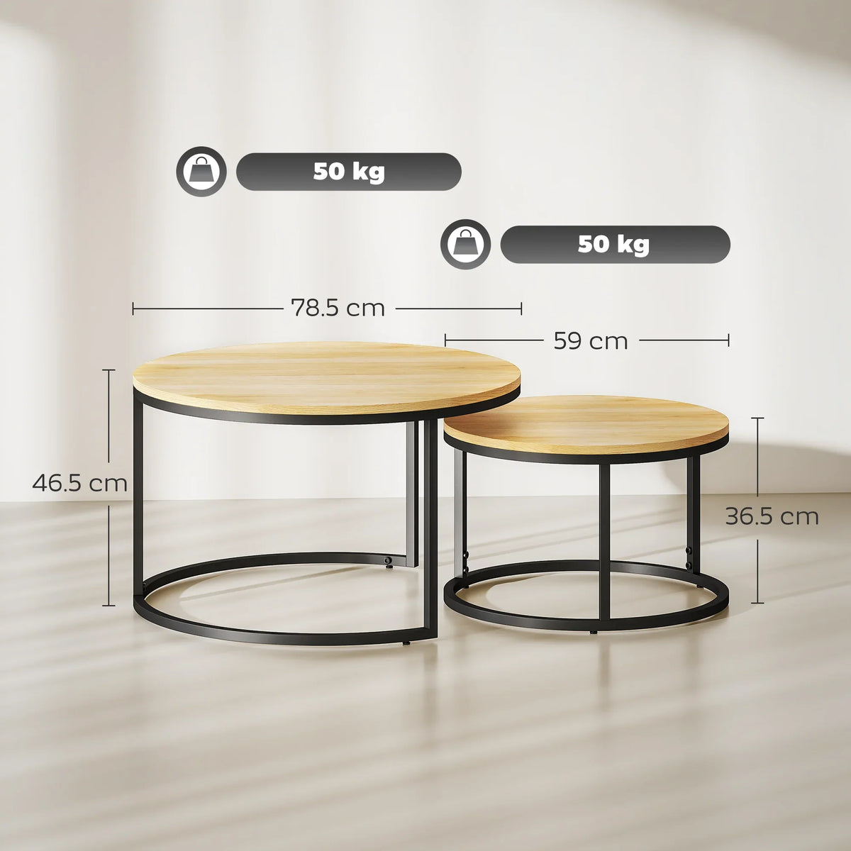Stacking nesting tables set: round tops with black metal ring bases, natural finish