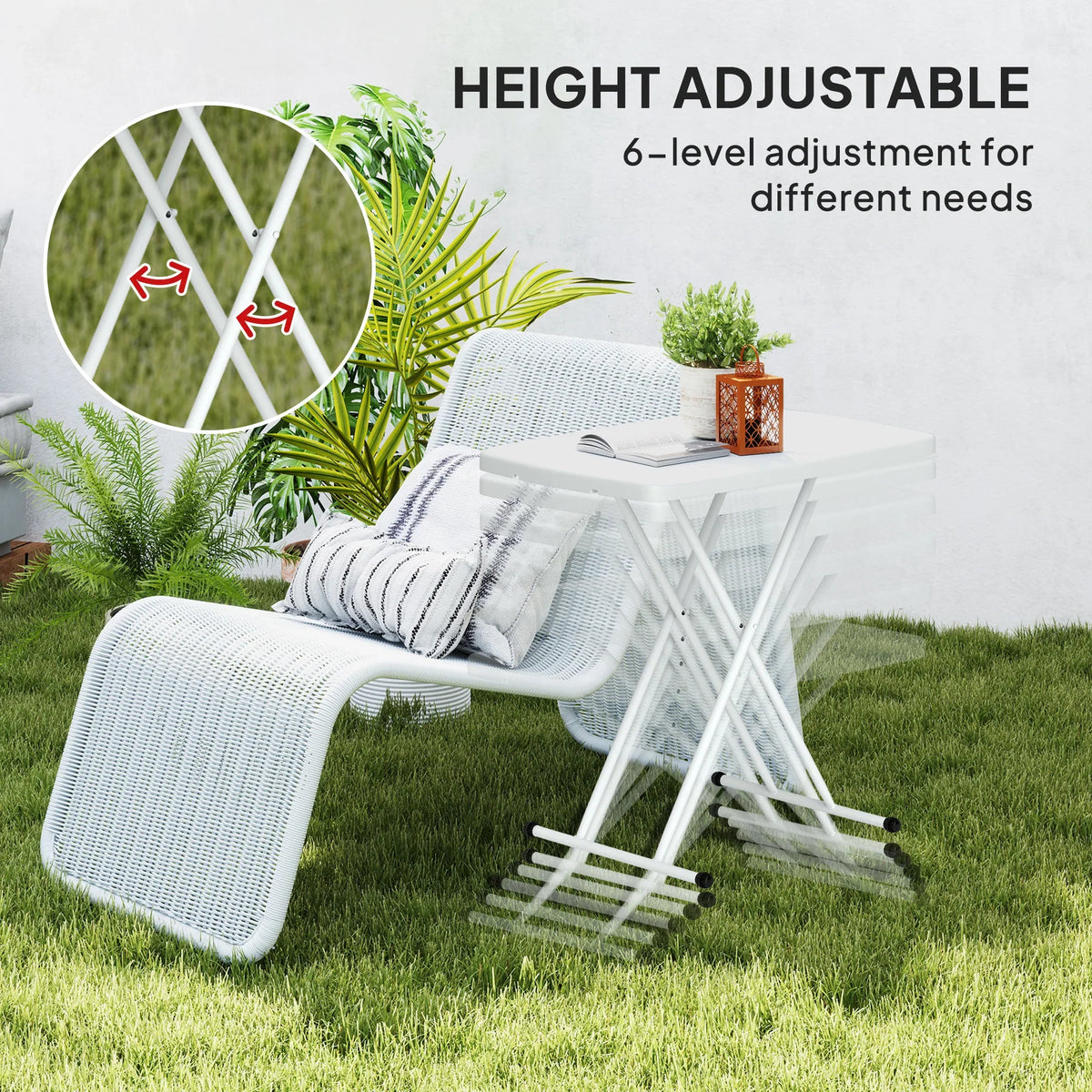 White folding outdoor table with adjustable legs and plastic tabletop