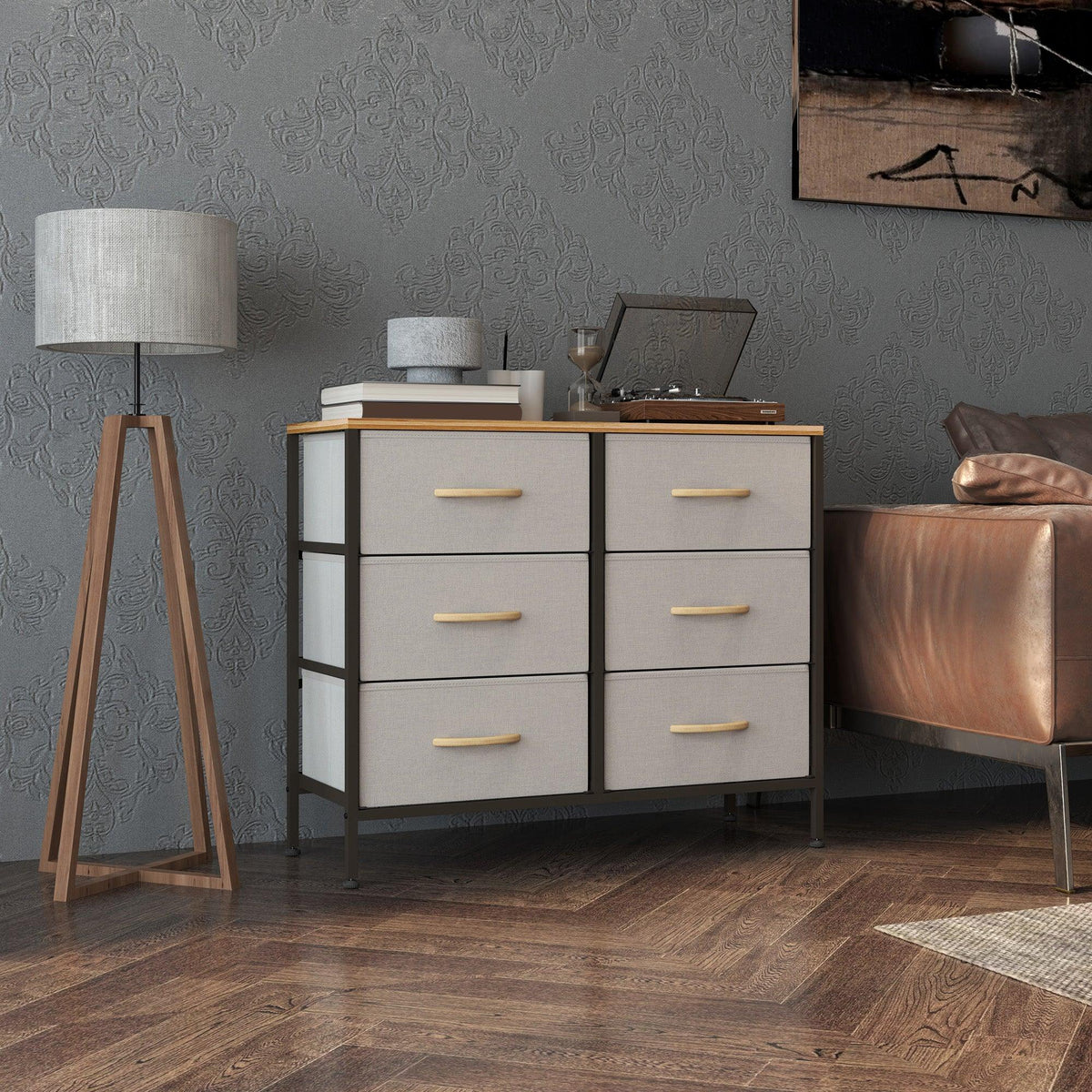 Cream fabric 6-drawer dresser cabinet with wooden top and gold-tone handles, steel legs