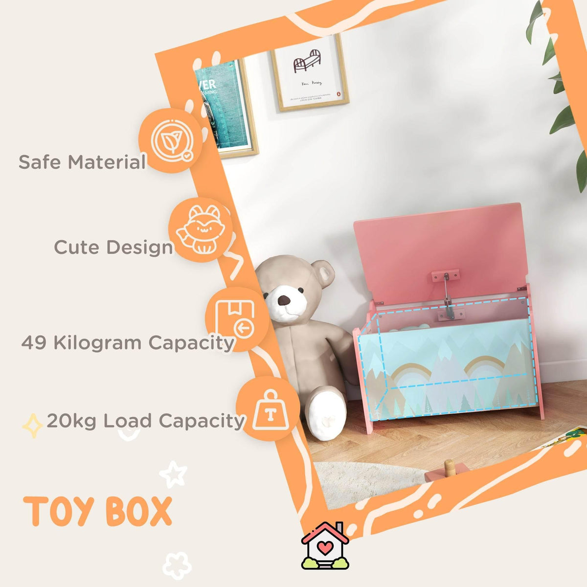 Pink toy chest with safety hinge and open lid, featuring pastel mountain and rainbow print