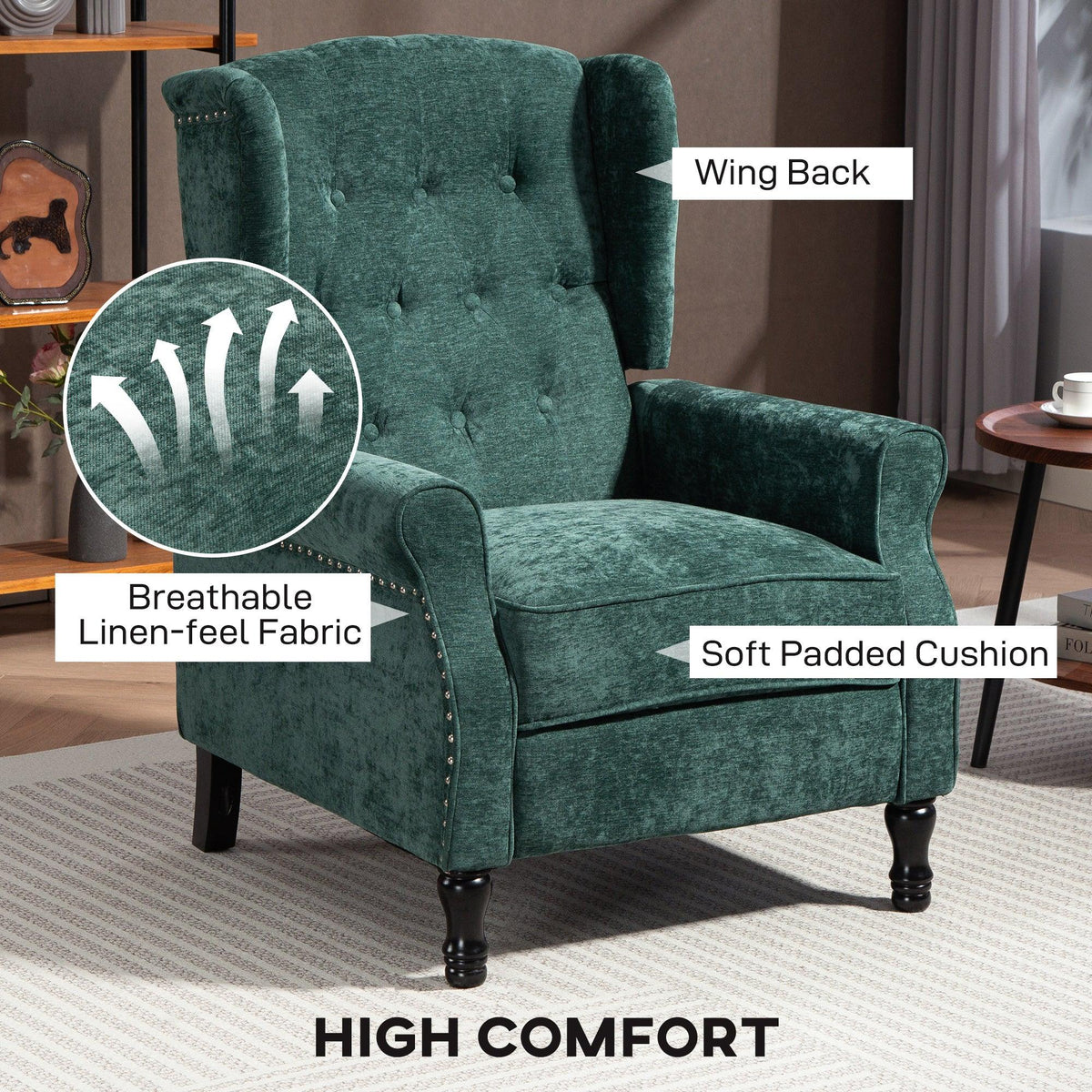 Dark green wing-back reclining armchair with soft padded cushion and button tufting
