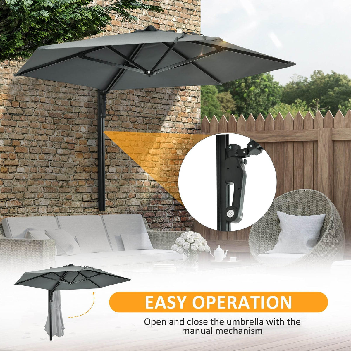 Wall-mounted outdoor patio umbrella with dark grey canopy and support pole