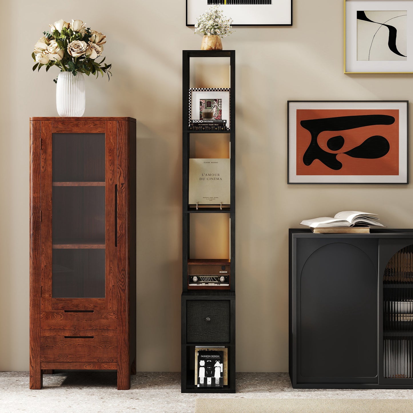HOMCOM Floor Lamp With Shelves LED Column Modern Standing Lamp With Fabric Drawer And Foot Switch For Living Room Black