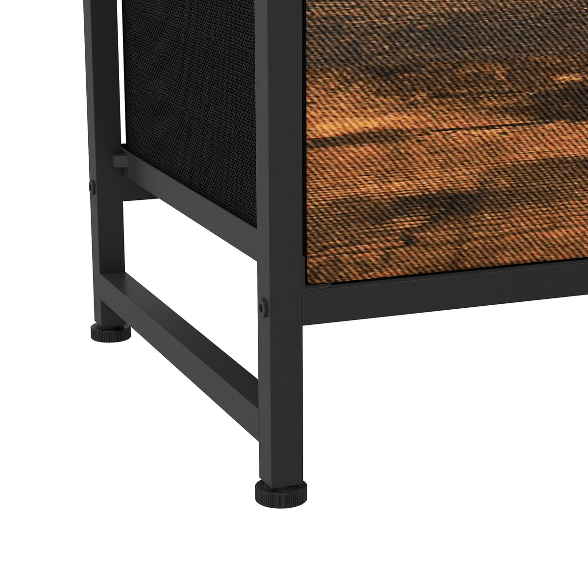 Rustic brown drawer storage dresser with black adjustable foot and side panel detail