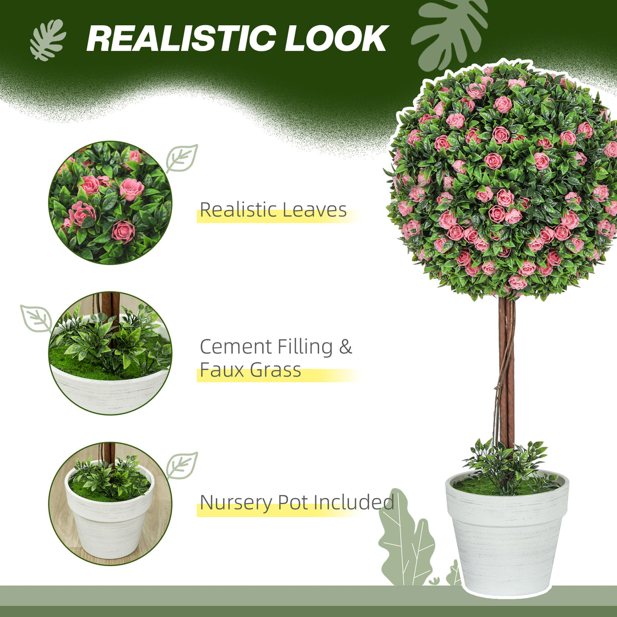 Artificial rose ball topiary tree with pink blossoms and green leaves in white pot