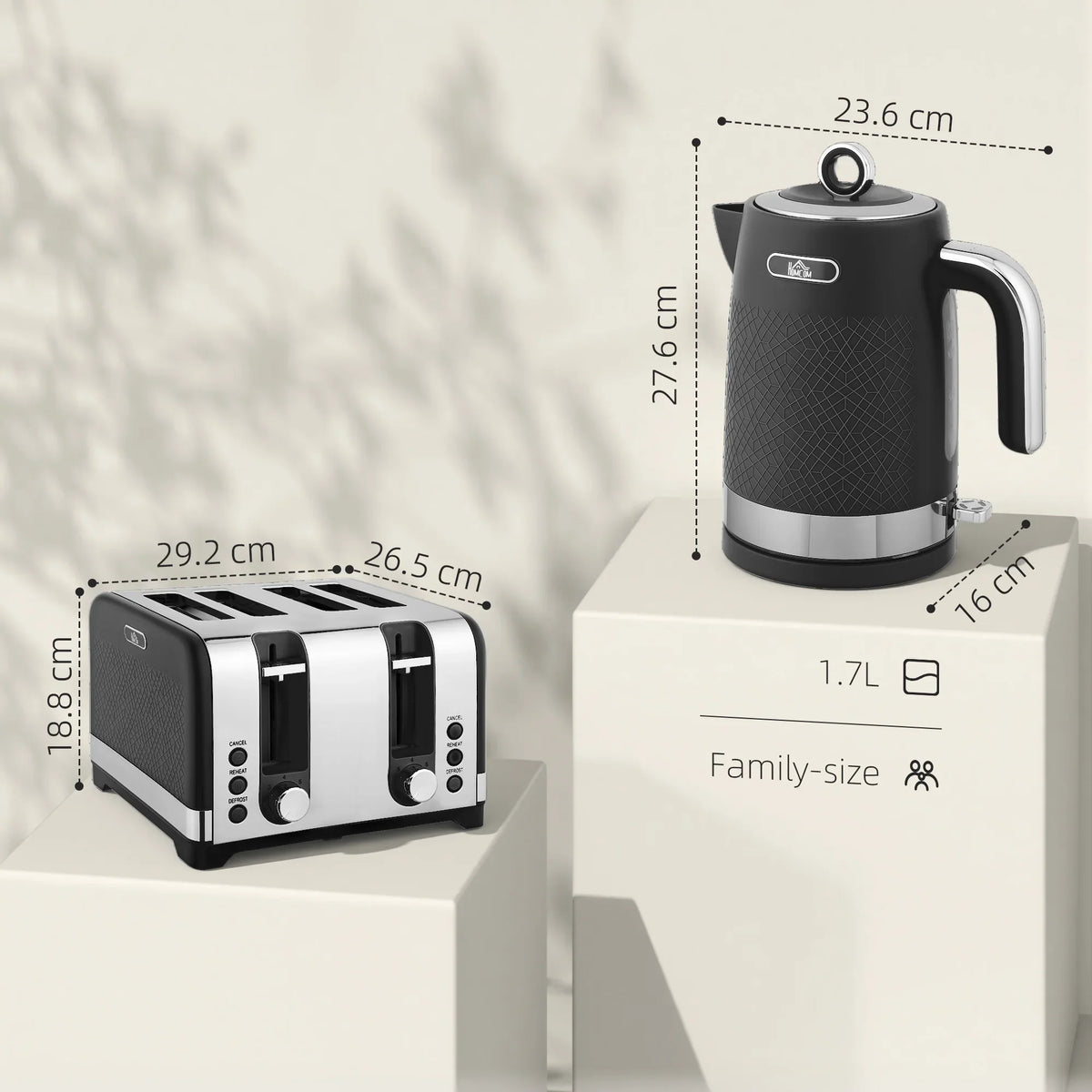 Black textured kettle and four-slice toaster with size and capacity callouts