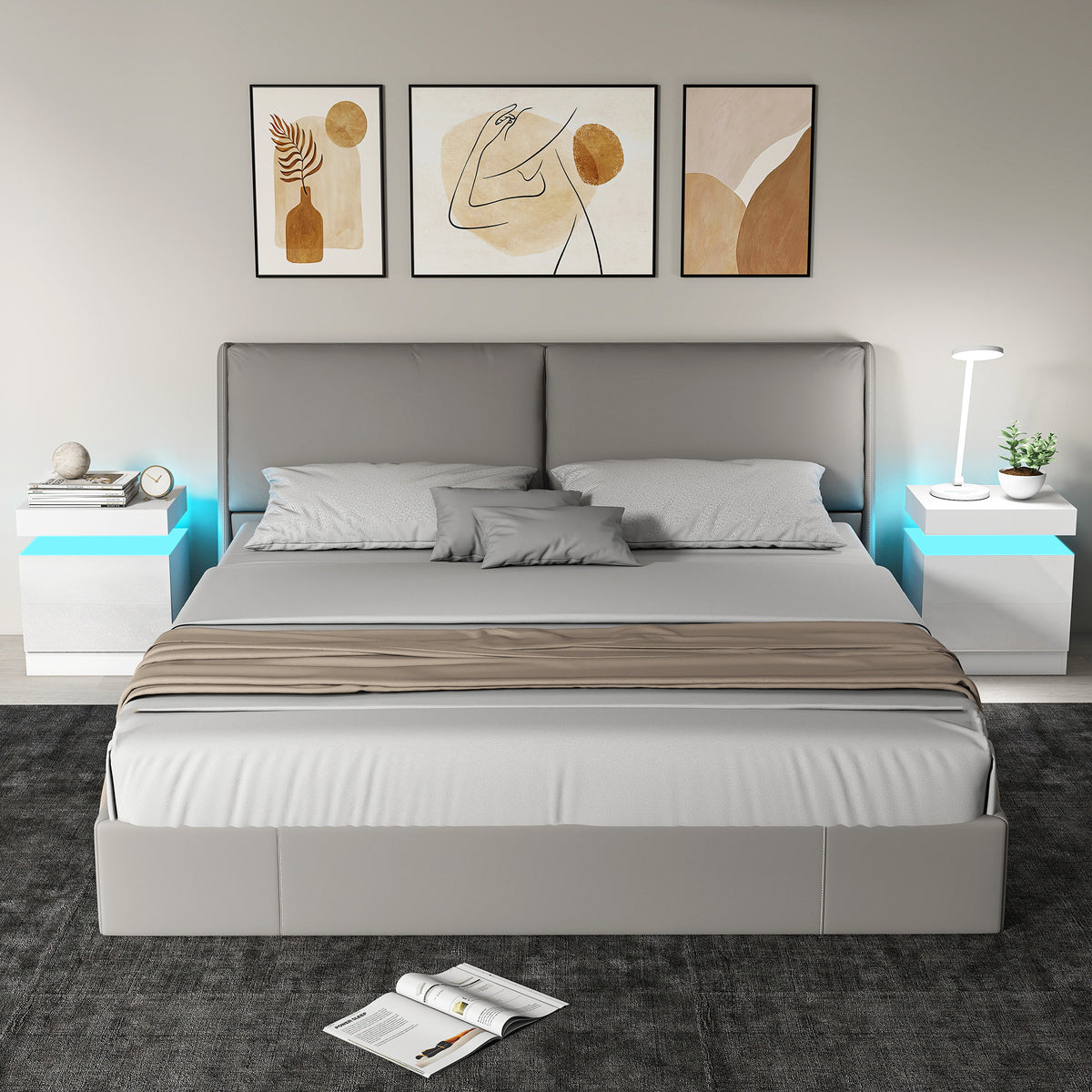 White high-gloss LED bedside table with two drawers and blue light strip along sides