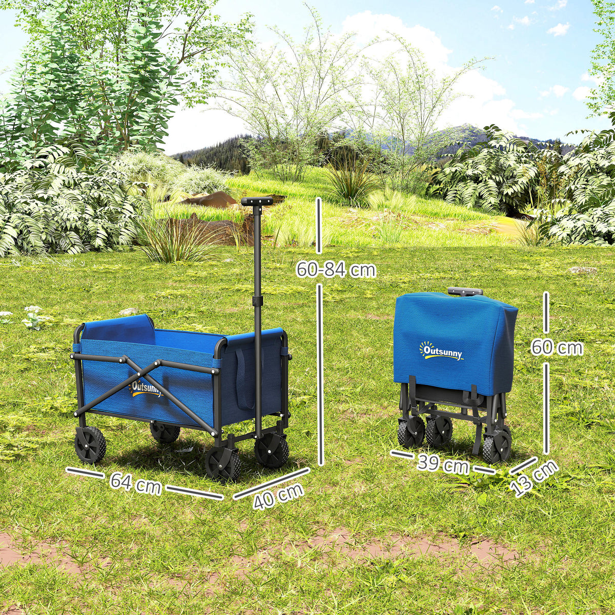 Blue collapsible wagon with black wheels and side storage bag, shown with size views