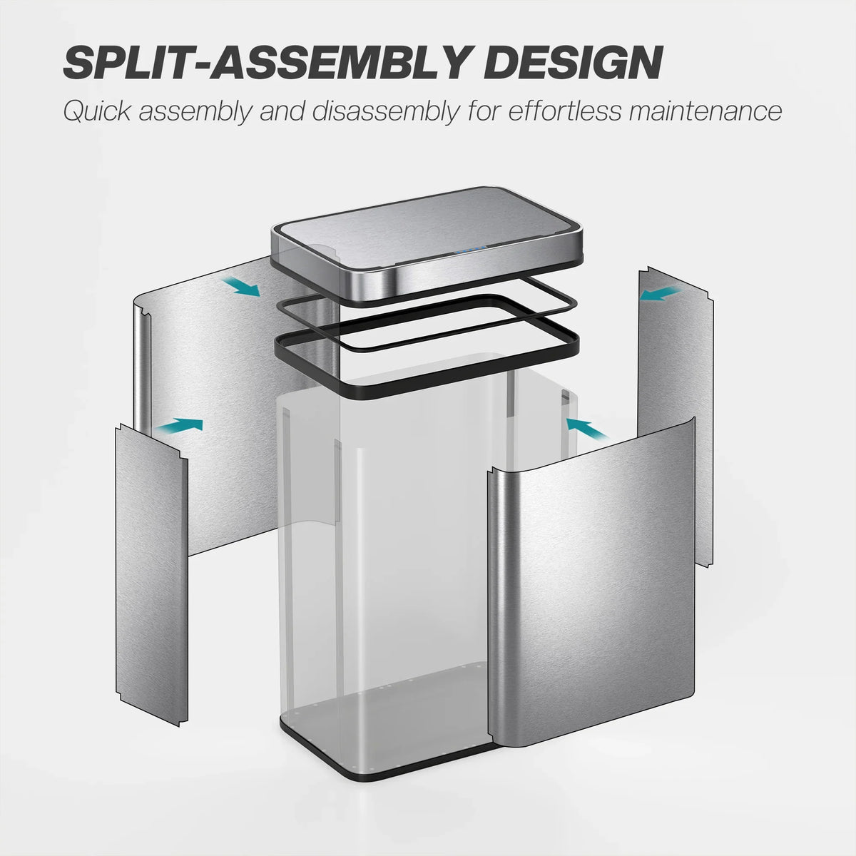 Stainless steel sensor trash can with split assembly for easy liner removal and maintenance