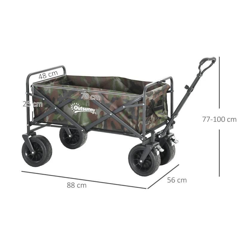 Camouflage folding steel garden trolley with long handle and four swivel wheels