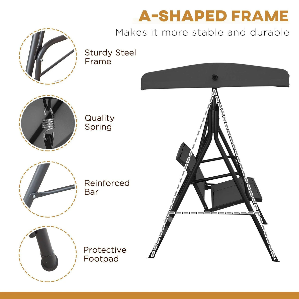 Black A-frame swing chair with canopy, spring suspension and reinforced steel frame