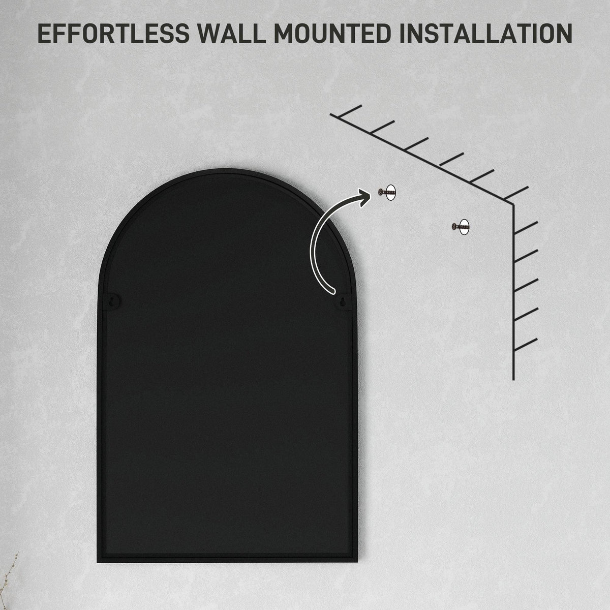 Black arched wall mirror shown with mounting hardware installation diagram