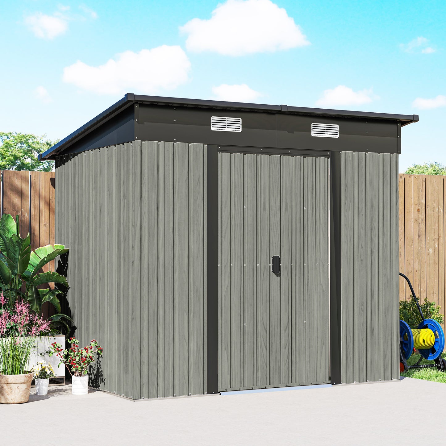 Outsunny 7 x 4ft Outdoor Storage Shed With Foundation Kit Lean To Metal Garden Shed Light Grey for Log Tools Bike