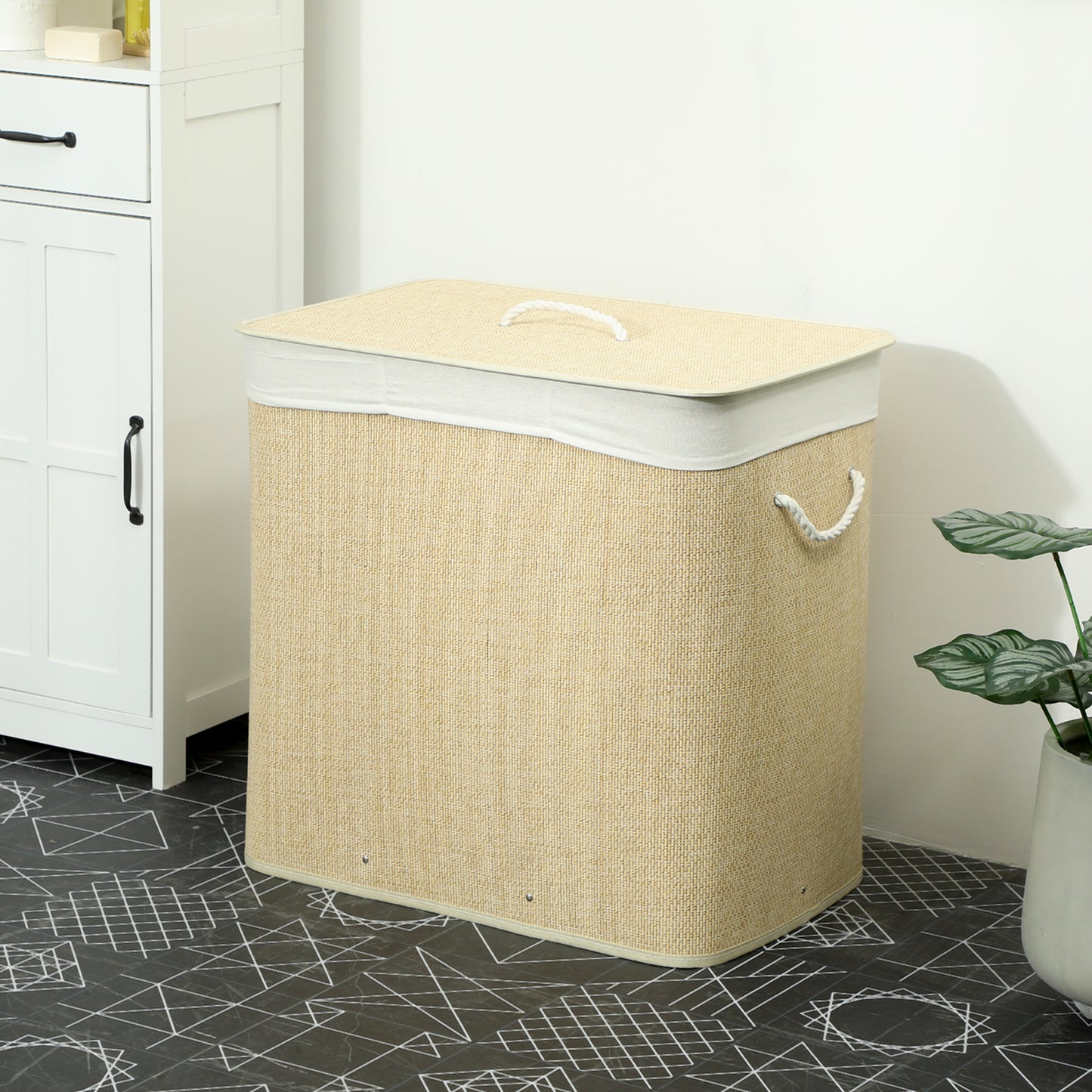 HOMCOM 3 Section Laundry Hamper With Lid 144L Bamboo Laundry Basket With Handles Removable Washable Liner Cream White