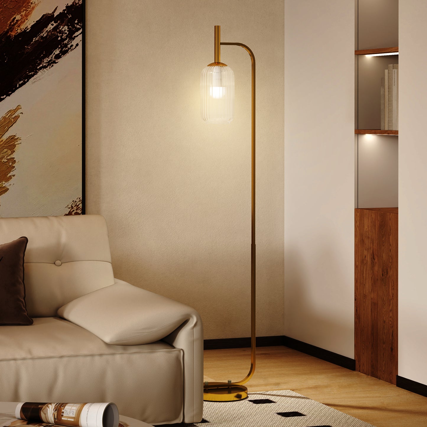 HOMCOM LED Floor Lamp With Glass Lampshade Modern Standing Lamp Foot Switch Adjustable Brightness 2700K Gold Tone