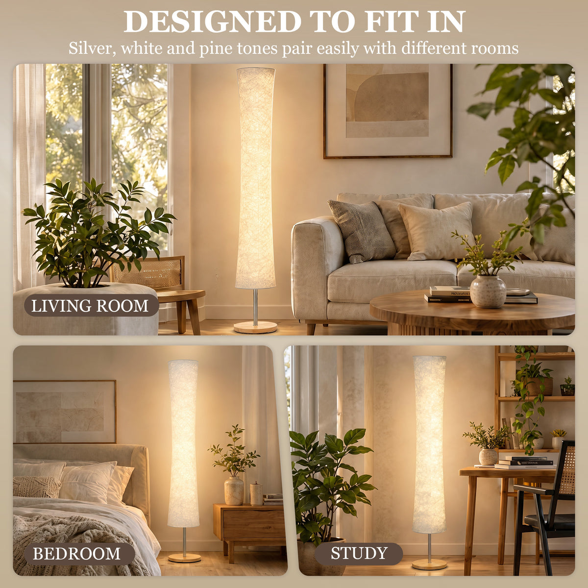 Standing floor lamp with paper shade and pine base in a living room setting