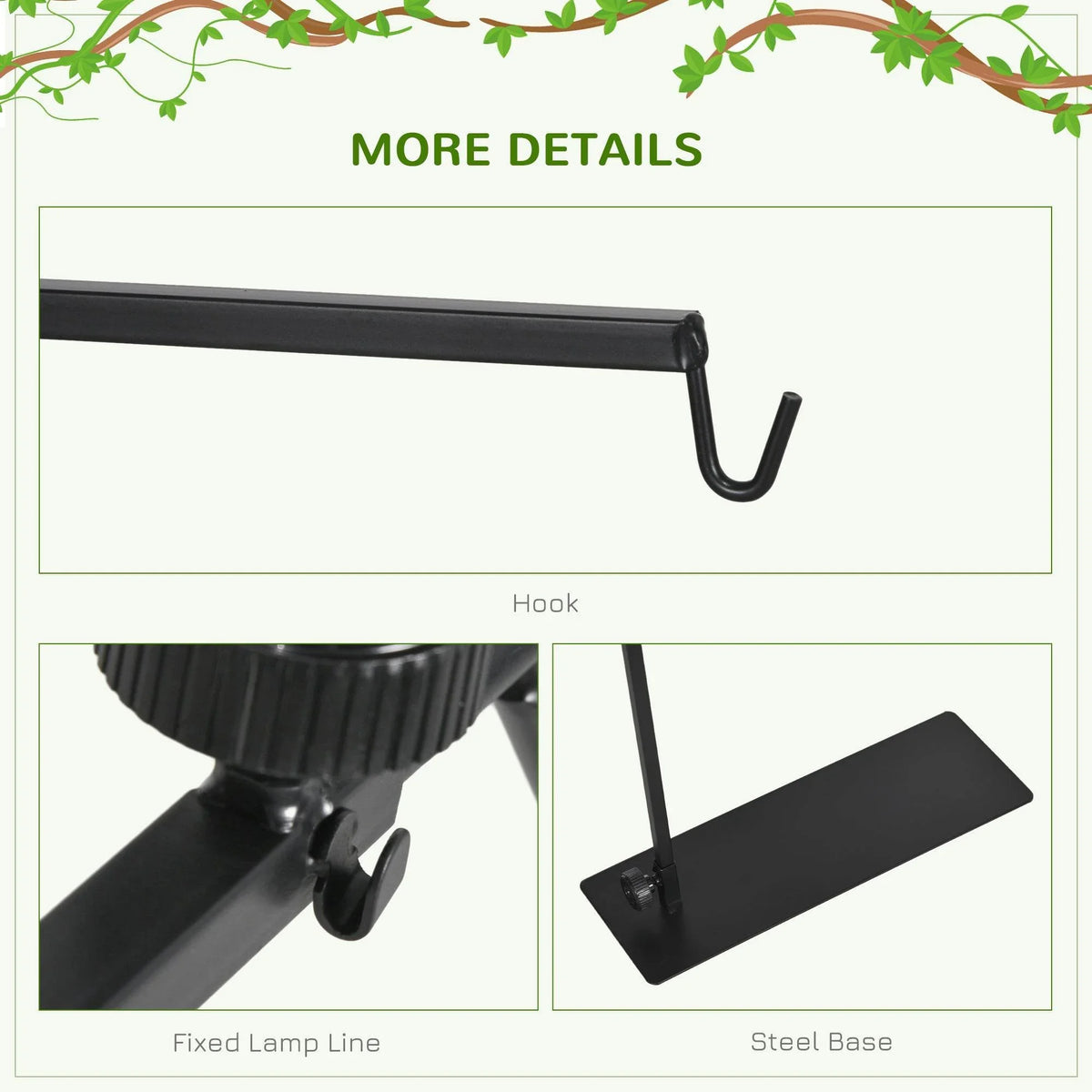 Black lamp stand details: fixed lamp line, hook, and steel base