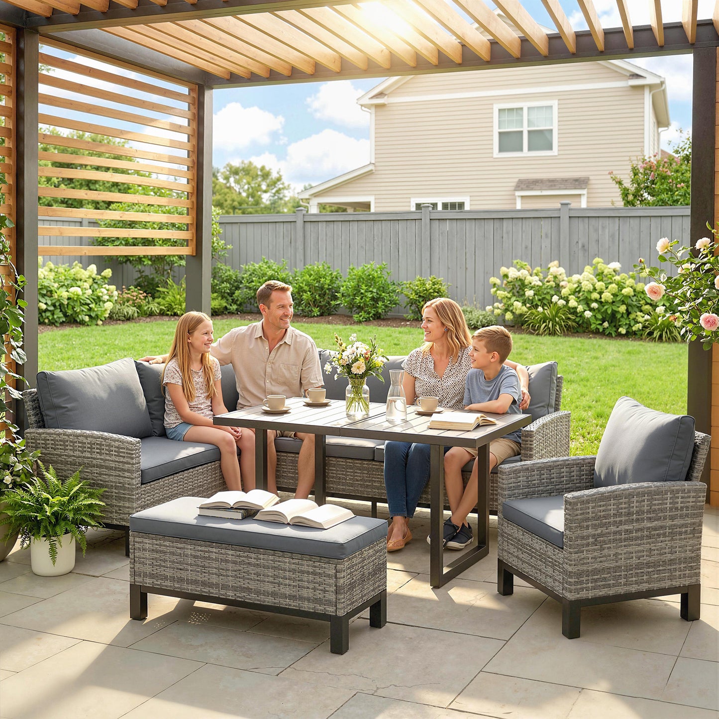 Outsunny 9 Seater Rattan Garden Corner Sofa Set Outdoor Dining Set With Faux Wood Table Ottoman And Cushions Dark Grey