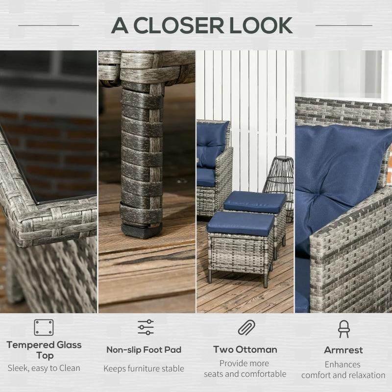 Outdoor patio sofa set: glass tabletop and woven wicker arm detail