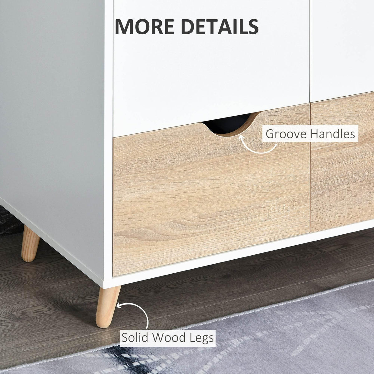 White cabinet drawer with groove handle and solid wood legs, shown close-up
