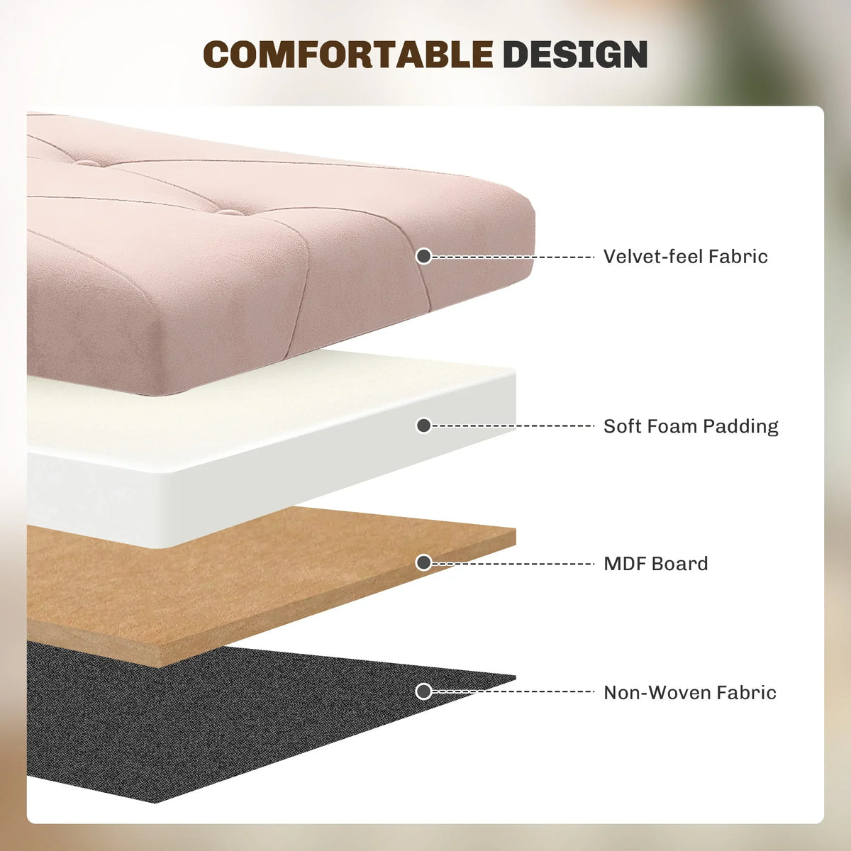 Mauve velvet ottoman bench with tufted lid, soft foam padding, and internal board