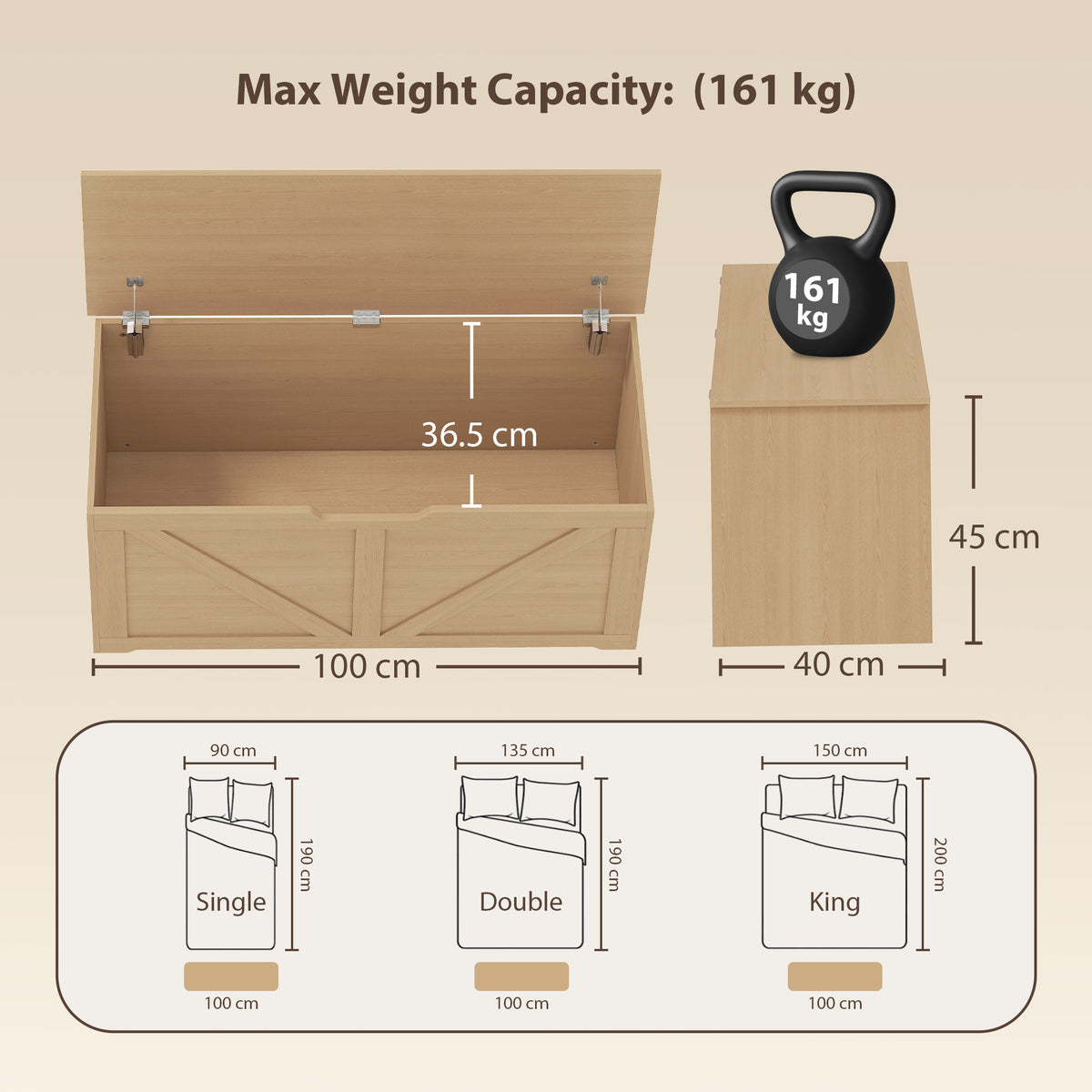 Large wood storage box interior with lid open and safety hinge hardware, 161 kg