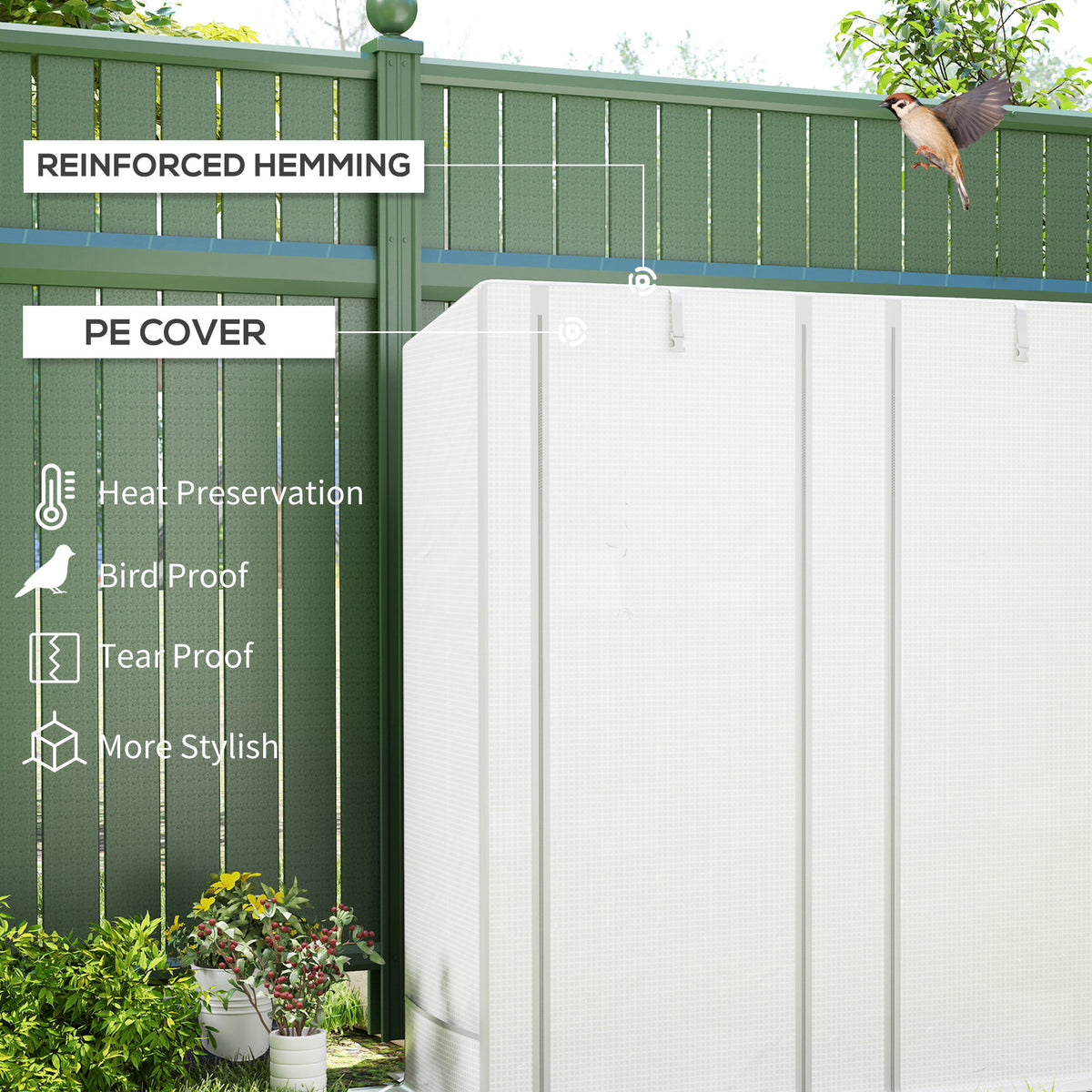 White PE cover mini greenhouse panel with reinforced hemming and protective cover