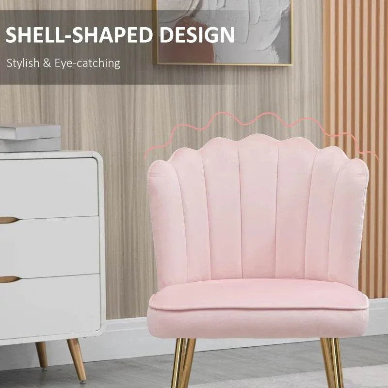 Pink shell back dining chair with velvet seat cushion and gold metal legs