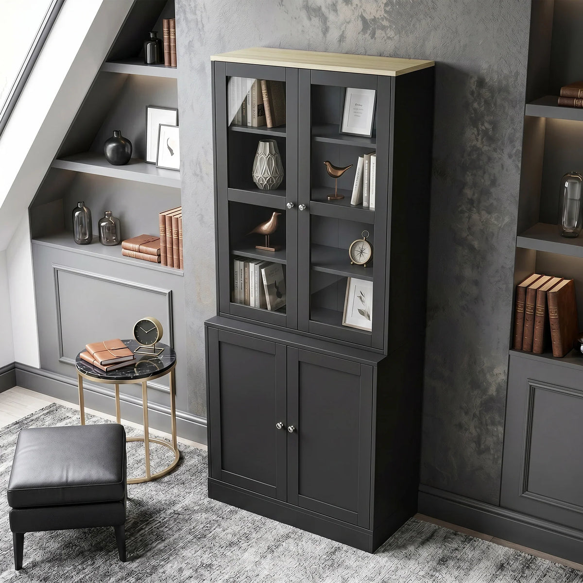 Black glass-door bookcase cabinet with lower storage cabinet doors