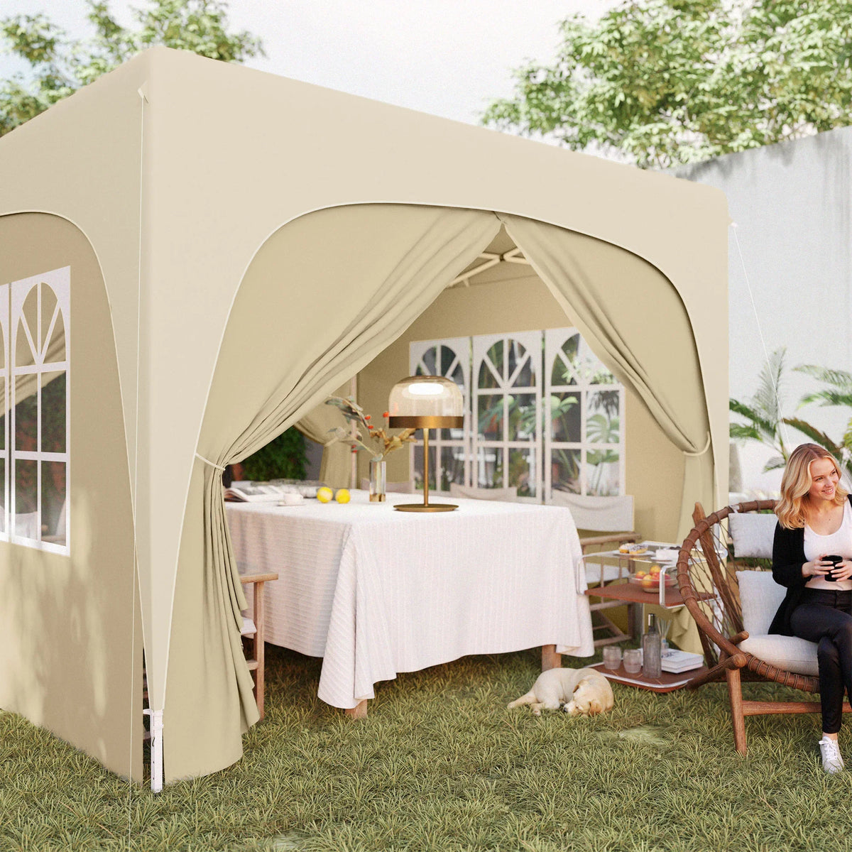Sand pop-up gazebo shelter with arched front curtains and window panels, open entrance