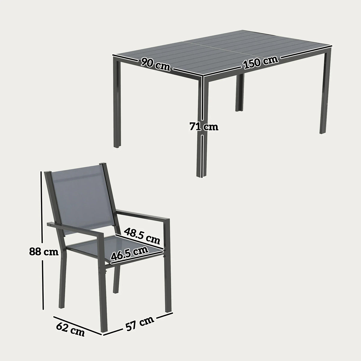 Stackable dining chair and 150 cm table size diagram, dark gray frames