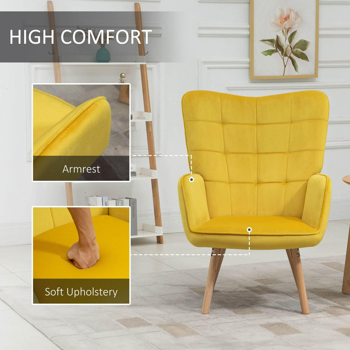 Yellow wingback armchair with padded armrests, tufted back, and wooden legs