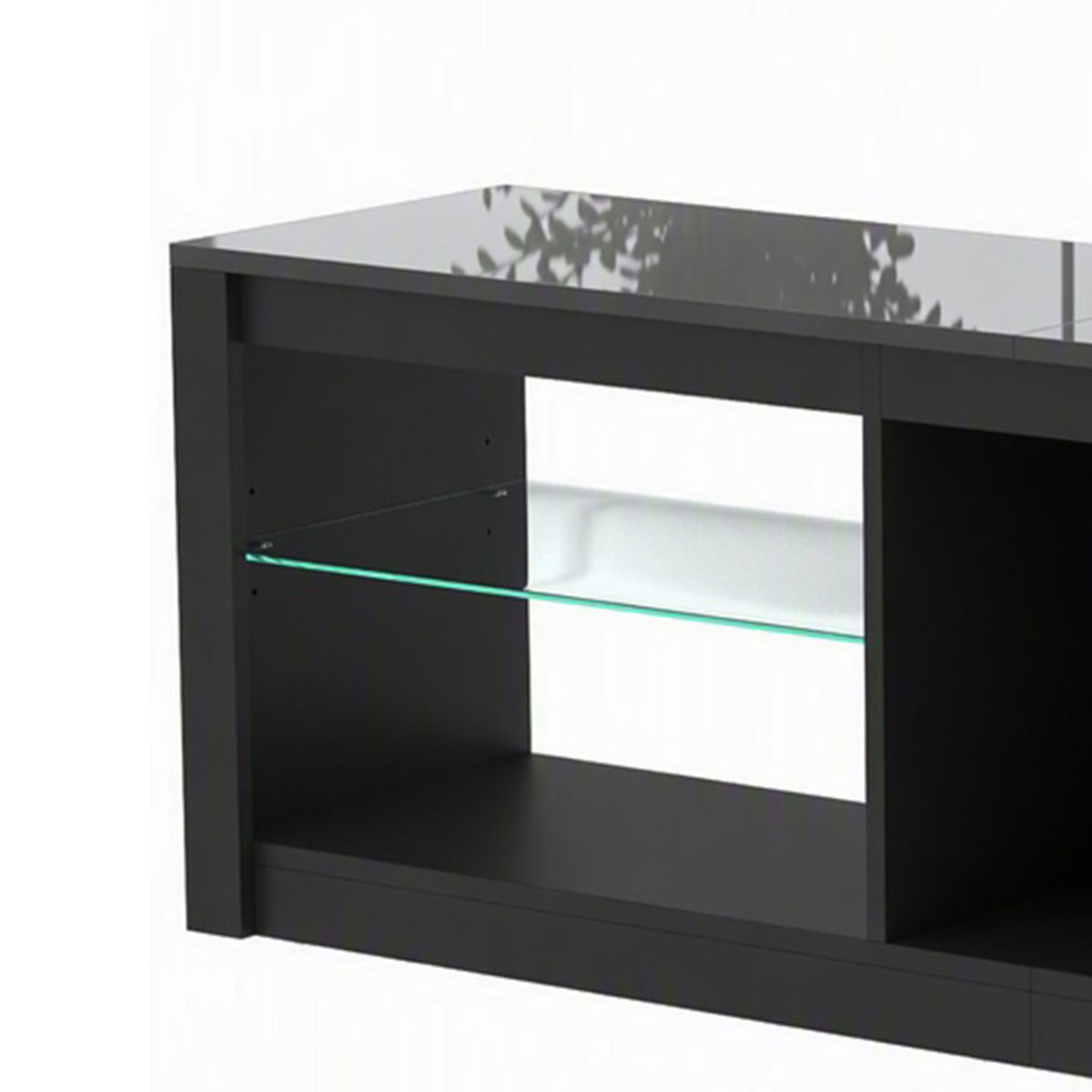 Close-up of dark gray TV stand with bright blue LED light strip