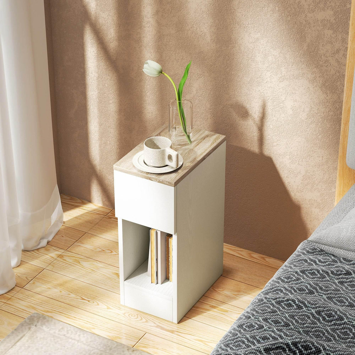 White nightstand with light wood top, open shelf and drawer storage, display-ready.