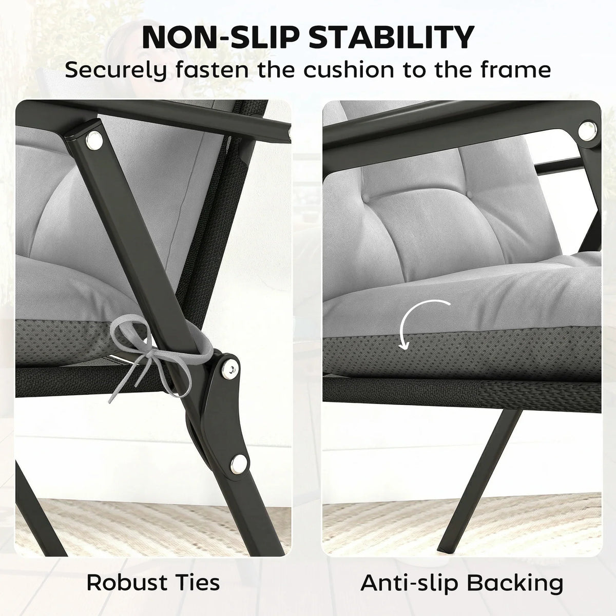 Light grey cushion with secure ties and anti-slip backing for chair stability